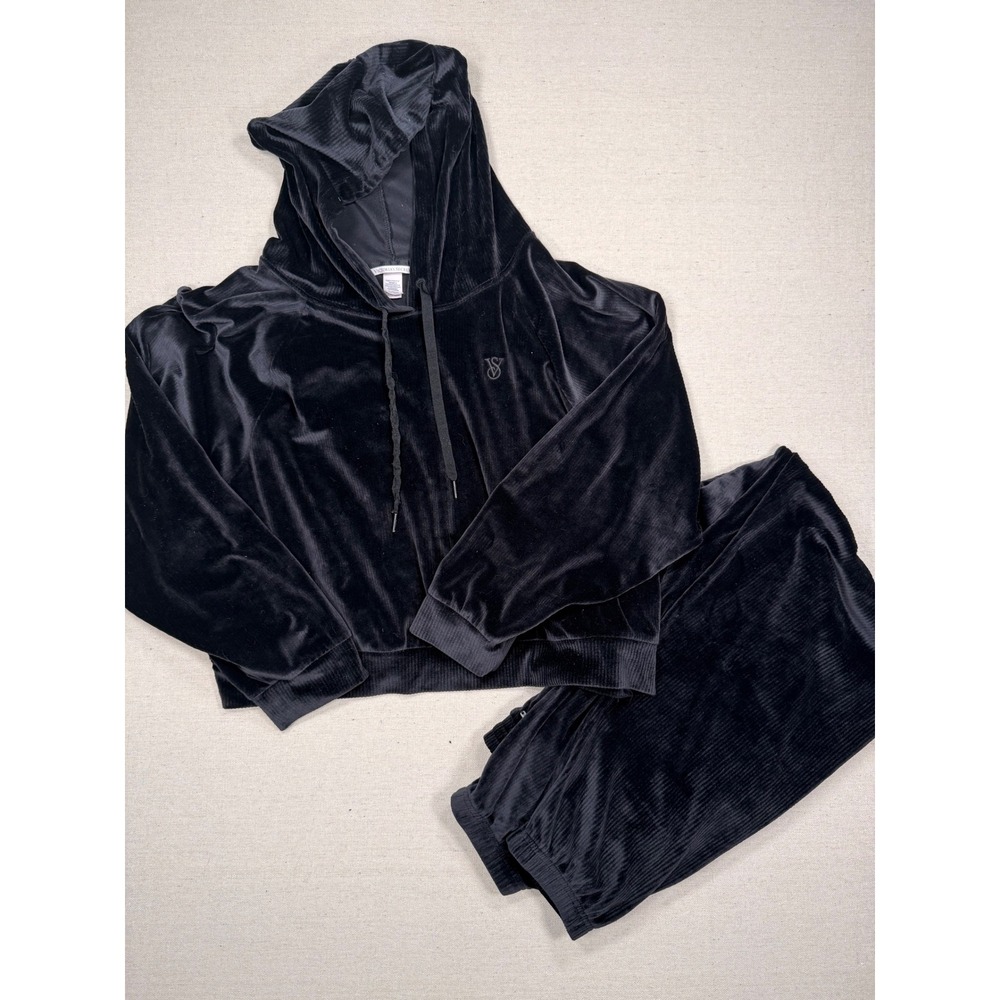 Victoria's Secret Black Ribbed Velour Hoodie and Jogger Lounge Set XL